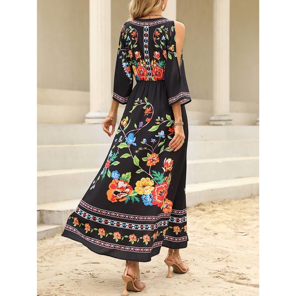 boho Floral Print Cold Shoulder maxi Dress cream - Picture 5 of 12